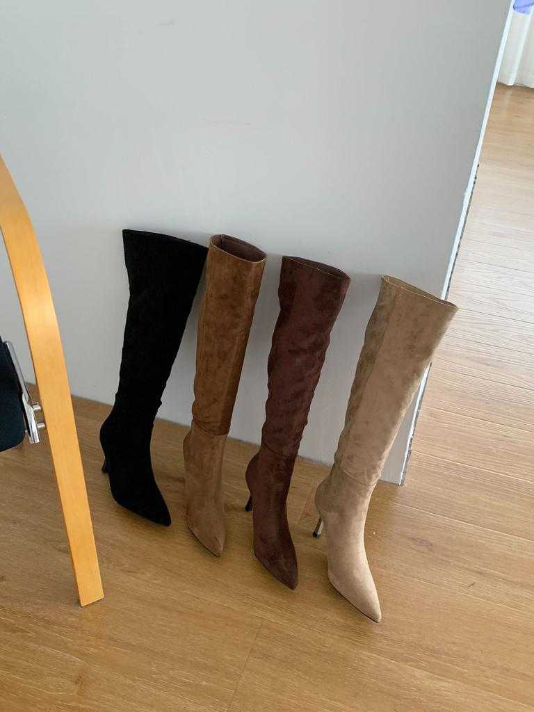 Pointed high-heeled over-the-knee boots women's 2025 new autumn French khaki fine-heeled pleated stacked boots knight boots