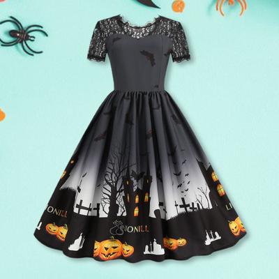 Damen Halloween Partykleid Aushöhlen Spitze Rundhals Retro A-Linie Großer Saum Spukhaus Fledermaus Bedruckt Kurze Ärmel Cosplay Abendkleid