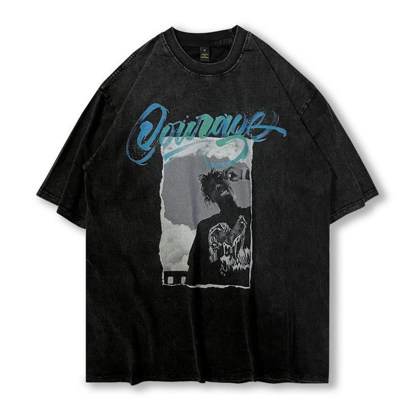 Guochao Hip-Hop Vintage Retro Printing Heavy-Duty Old Short-Sleeved T-Shirt Men'S And Women'S Hiphop Half-Sleeved T-Shirt