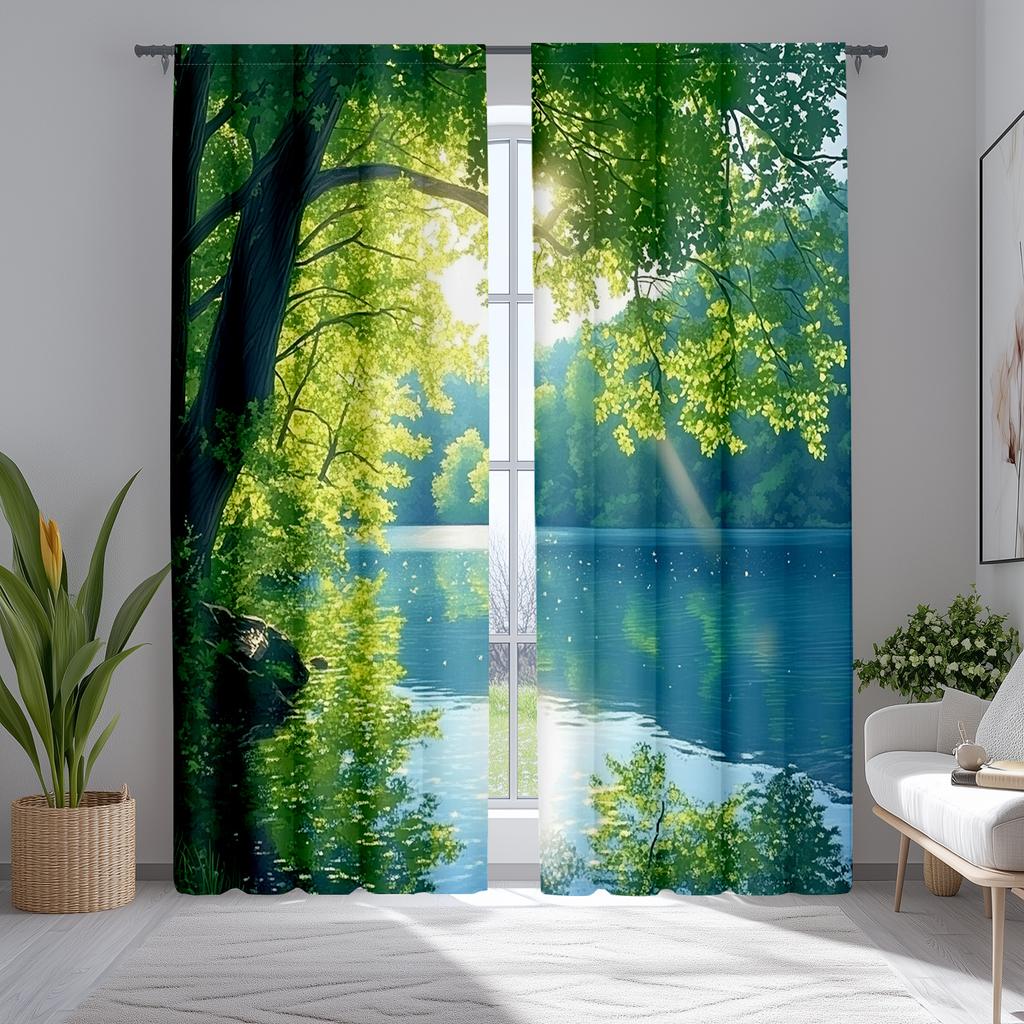 2pcs Green Lake Forest Curtains - Serene Water & Tree Scene Window Treatment for Bedroom   Living Room   Kitchen   Office Home Deco