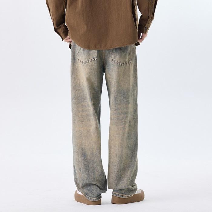 

Новый американский стиль Персонализированный Желтый Краситель Грязи Ностальгический Хай-стрит Прямые Универсальные Свободные Джинсы в Пол 3XL