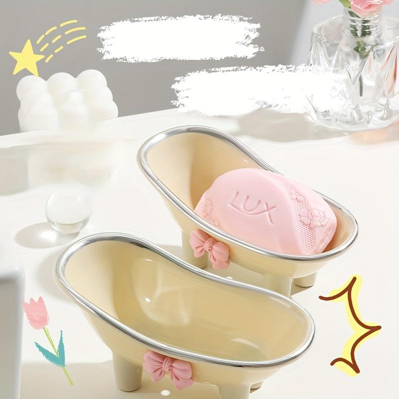 1pc Mini Bathtub-Shaped Soap Dish Charming Bathroom Accessory with Decorative Pink Bow.
