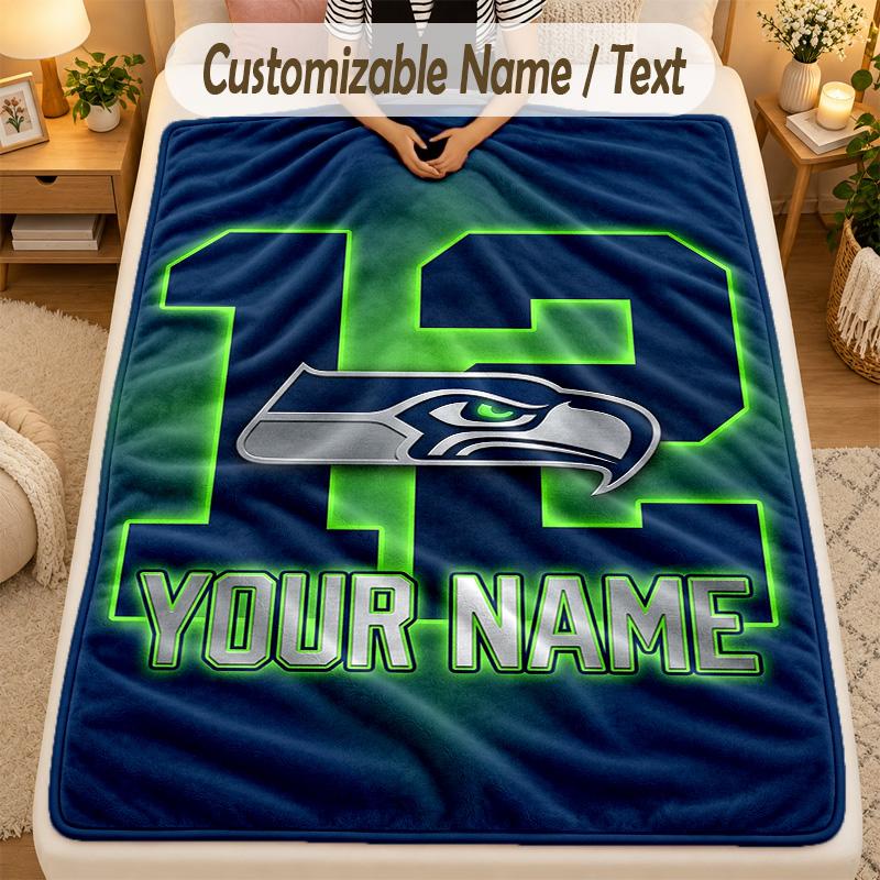 Flannel BlanketSeattle Seahawks Custom Name Text Personalized Soft Warm Throw Blanket Home Decor Gift