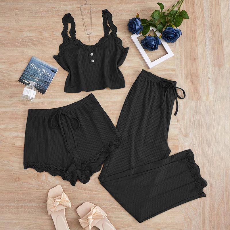 Popular Lace Trim 3-Piece Women's Pajama Set: Camisole Tank, Shorts, and Long Pants