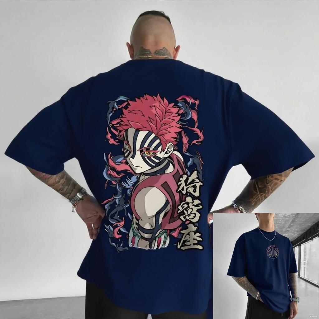 Oversized Demon Slayer Akaza Anime Men's T-shirt Cotton Women Short Sleeve Tops Summer Streetwear Graphic Tee Casual Y2k Clothes