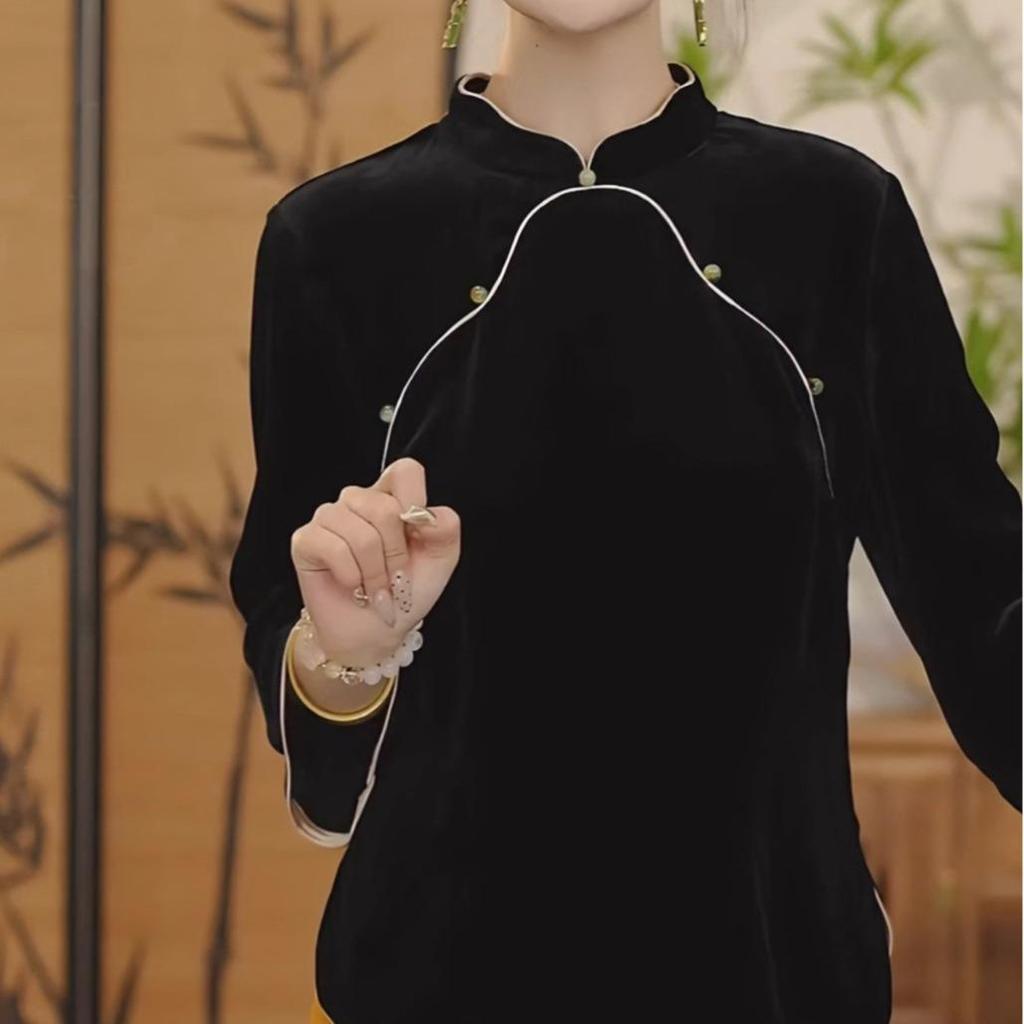 New Chinese Style Gold Velvet Mulberry Silk Women's Autumn Black Base Top Shirt