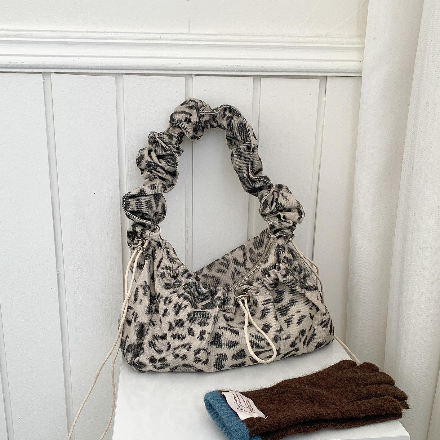 Korean Canvas Leopard-print Bag Casual Lazy Style Drawstring Pleated Underarm High-end Niche Shoulder