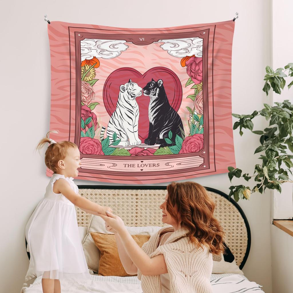 VIKAMA The Lovers Tarot Card Tapestry Pink Tiger Floral Print Wall Hanging Polyester Tapestry for Bedroom Couple Room Decor