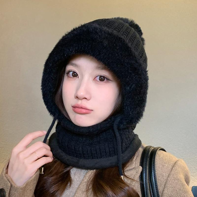 Winter Plush Knitted Hat Women's Mask Scarf Integrated Outdoor Cycling Plush Warm Ear Protection Hat Cold-proof Ski Hat