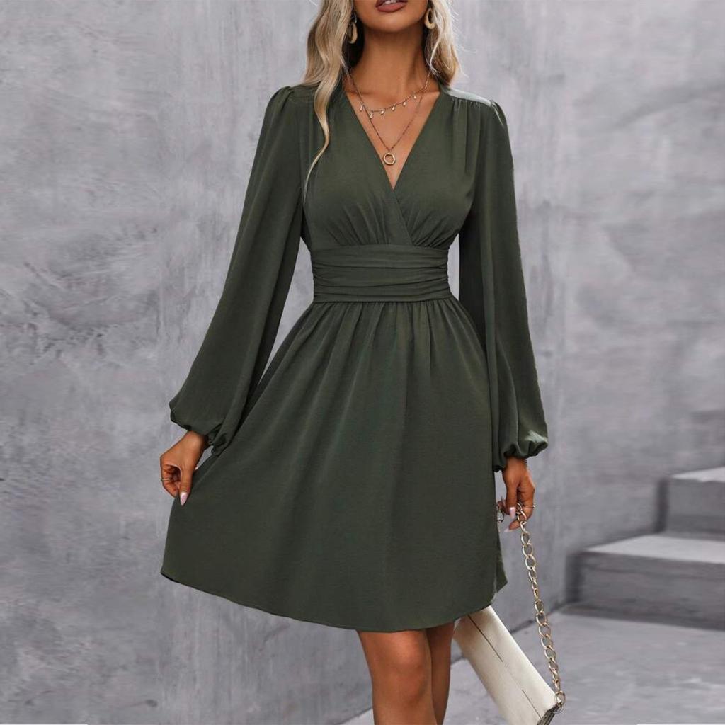 Women's Fashionable Color V Neck Long Sleeved Pleated Versatile Dress