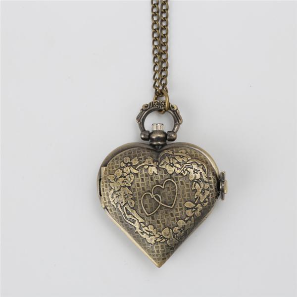 Hollow Heart-Shaped Pocket Watch Necklace Pendant Chain Women