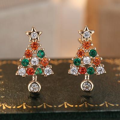 Colorful Christmas Tree Stud Earrings For Women Charm Star Cubic Zirconia Jewelry Simple Cute Party Accessories