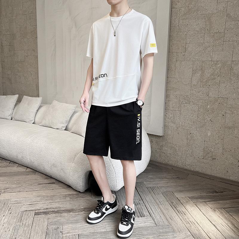 Ice Silk Men's Summer Sports Suit: Trendy Short Sleeve T-shirt & Shorts Set