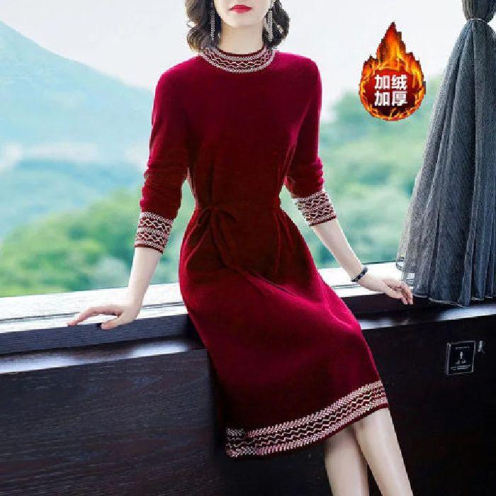 Fleece Autumn and Winter New Medium and Long Skirt Base Fashion Temperament Waist Thin Lady Solid Color Dress