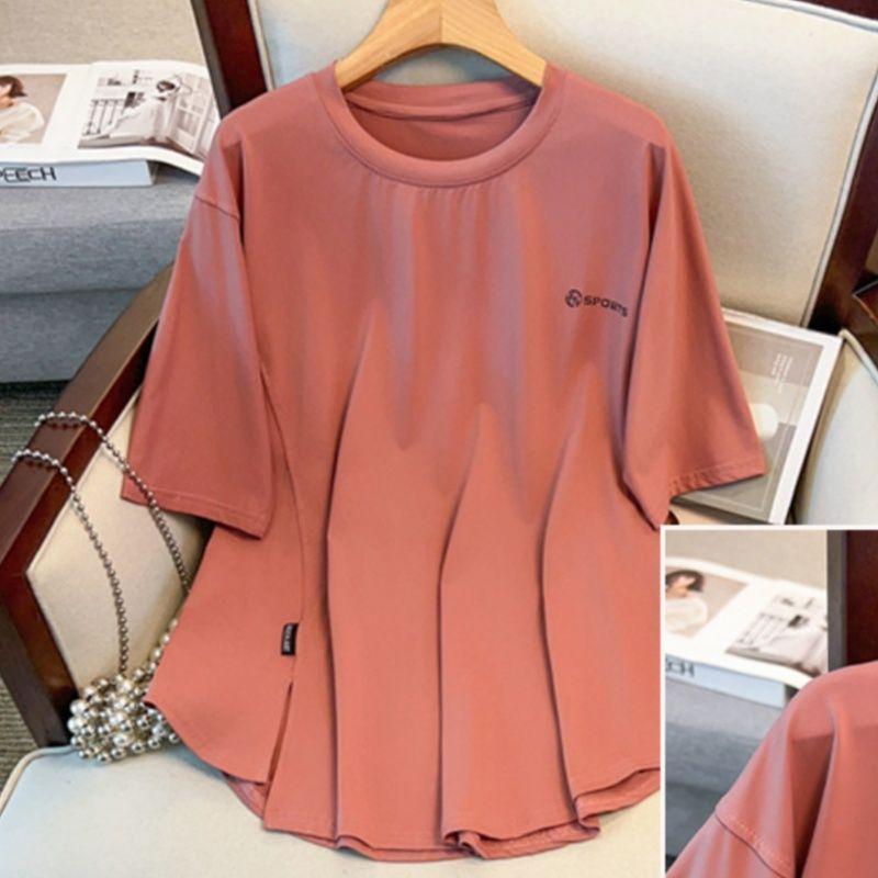 

150.00кг Большой размер Быстросохнущая футболка с коротким рукавом Женская Летняя Большого размера Женская Минималистичная Модная с боковым разрезом Фитнес Спортивный топ ROSE 3XL