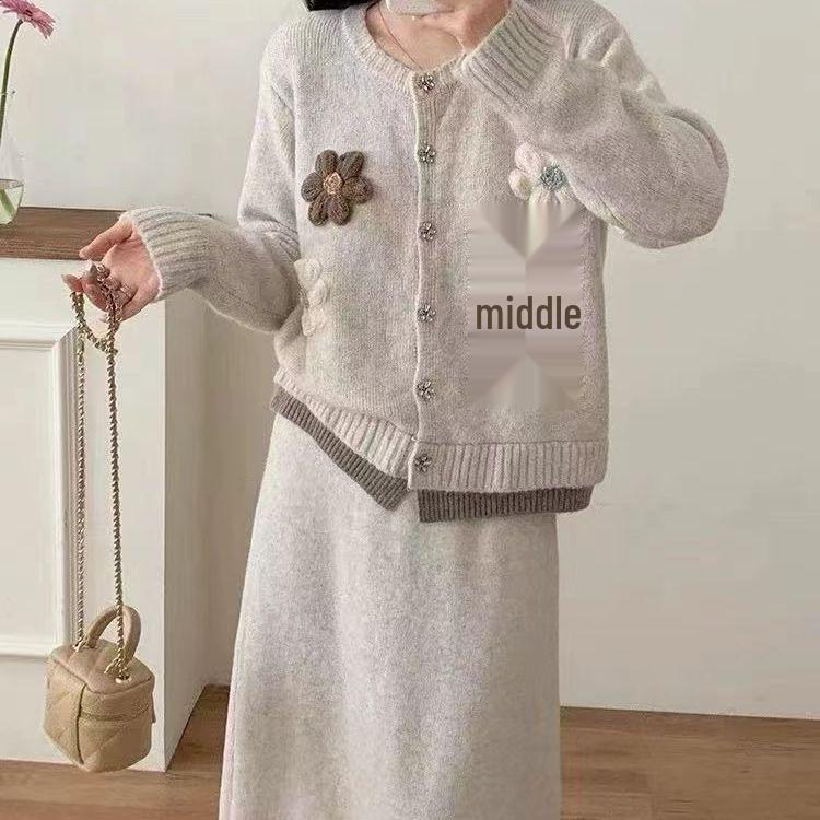 3D Besticktes Blumenstrick-Pullover- und Rock-Set - Damen Herbst/Winter Koreanischer Stil, Locker geschnitten, Vielseitig, Mittellang, Zweiteiliges Outfit.