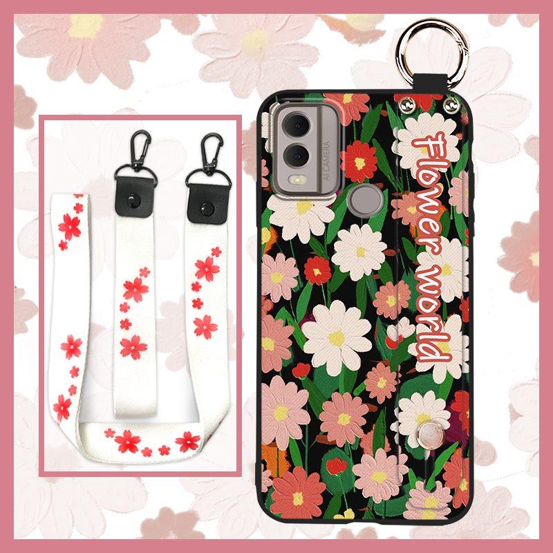 Soft Case Flower Phone Case For Nokia C22 Wristband Durable Ring Waterproof Lanyard Oil Painting Back Cover Silicone