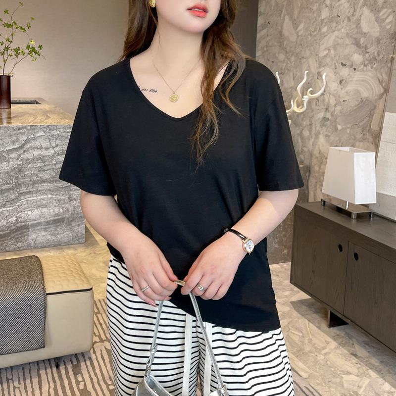 New V-neck Right Shoulder Large Size Solid Color Short-sleeved T-shirt for Women Summer Sexy Hot Girl Top Fashionable To Wear Outside