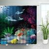 Tropical Ocean Shower Curtains for Kids Blue Ocean Dolphin Sea Turtle Fish Themed Kids Bathroom Fabric for Bath Curtain Decor