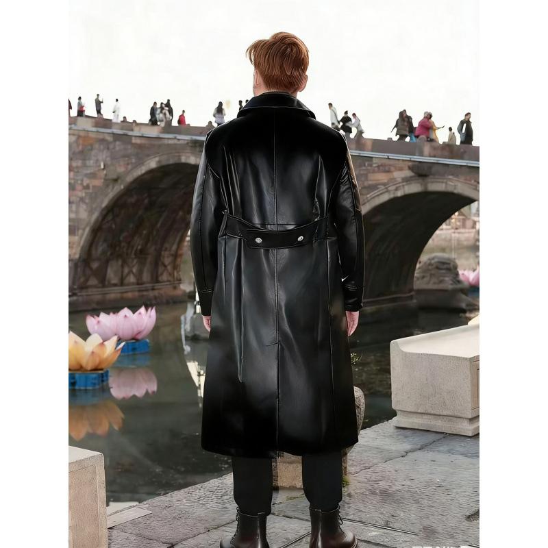 Large size European and American style long double-breasted PU leather jacket men's slim-fitting lapel leather coat jacket is trendy and fashionable