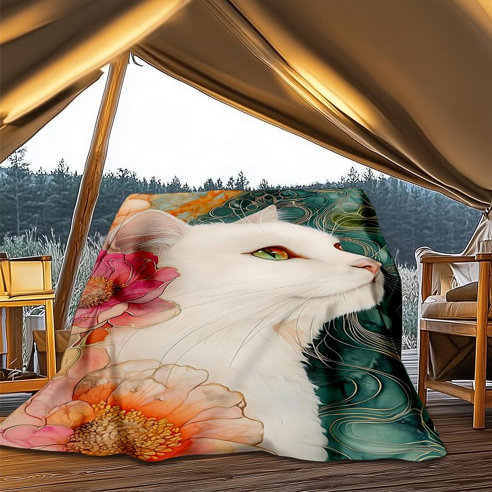 1pc Cat Flowers Outdoor Blanket - Soft Flannel Cozy for Travel & Camping - All-Season Warm Bed Cover, Machine Washable Yy251229062