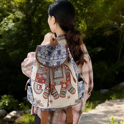 Yunnan Bestickter Elefant & Katze Canvas Rucksack - Damen Ethno-Stil Reisetasche