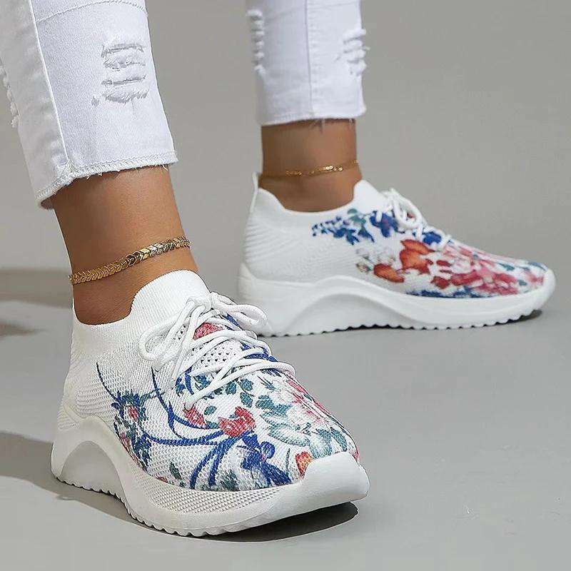 Fashion Floral Printed Knit Sneakers for Women Mesh Breathable Casual Sports Shoes Woman Comfort Slip On Flats Vulcanized Shoes