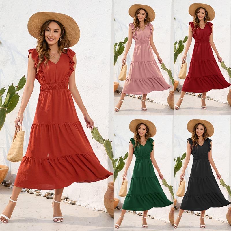 V-Ausschnitt Hohe Taille Langes Kleid Lässig Urlaubsreise