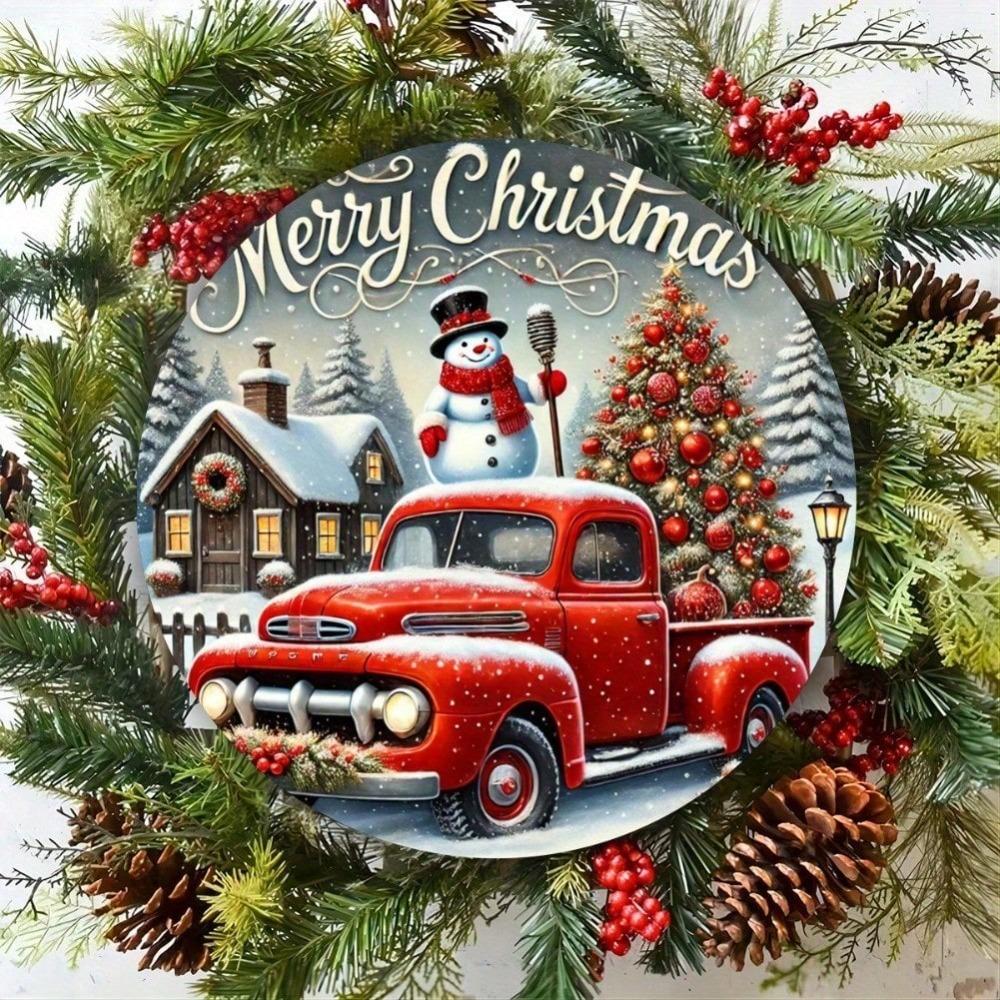 Vintage Metal Tin Sign Merry Christmas Snowman Red Truck 8x8 Inch Round Wall Decor Home Cafe Restaurant Holiday Gift