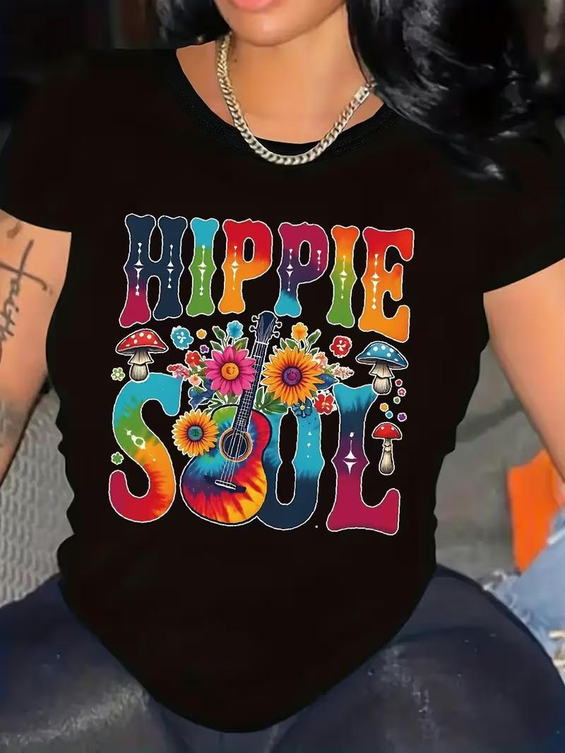 Womens Retro 60s70s Hippie Style TShirt Psychedelic Flower Mushroom Peace Sign Print Vintage Short Sleeve Blouse S