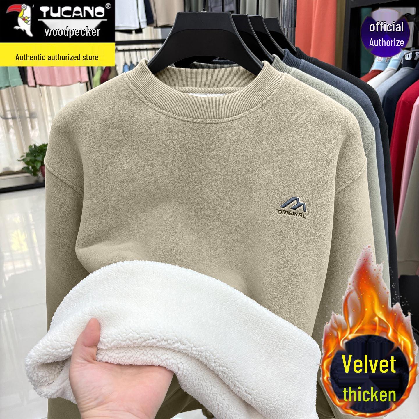 

Men s Woodpecker Camel Wool Fleece-Lined Hoodie, Thickened Round Neck, Double-Sided Fleece, Warm Base Layer 2025 3XL 155-170 lbs бежевий