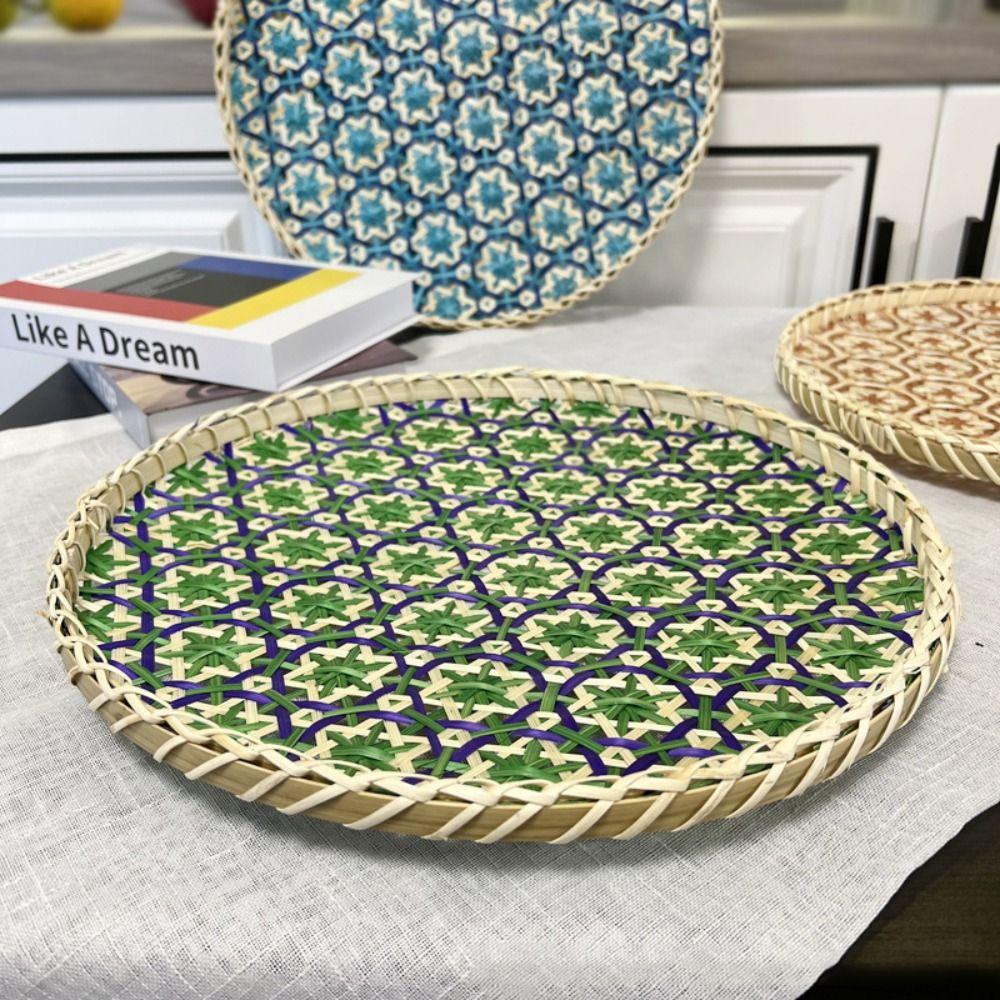 Colorful Handmade Bamboo Round Tray Bohemian Style Bread Baskets Cup Mat Food Tray Bathroom