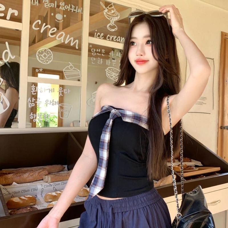 Women'S Retro Plaid Patchwork Tube Top Pure Desire Sexy Strapless Slim Vest With Chest Pad