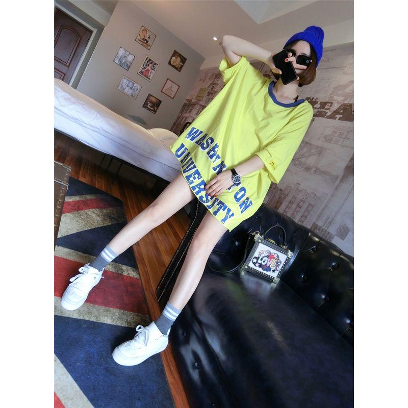 

Pure Cotton Summer Women s Clothing K-style Letters Print Loose Plus Size Mid Length Long Length T-Shirt Short Sleeve Women s Casual Half Sleeve Top Yellow One size