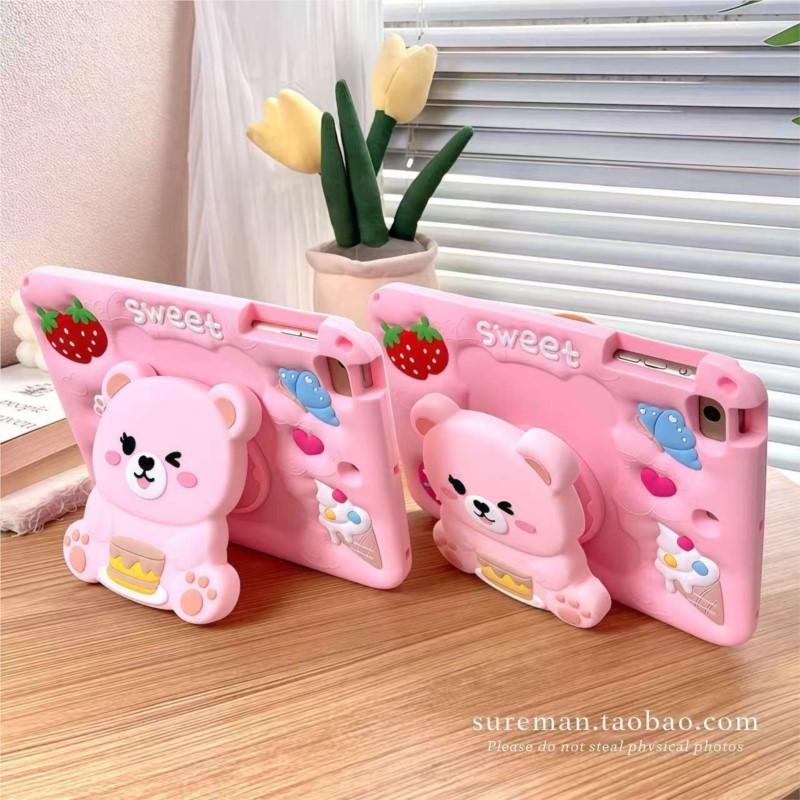 Cute Strawberry Bear Case for iPad Applicable to Samsung tablet and Redmi pad 2 SE 9.7 8.7 11" silicone case with pen slot Cute girl Kids tablet case
