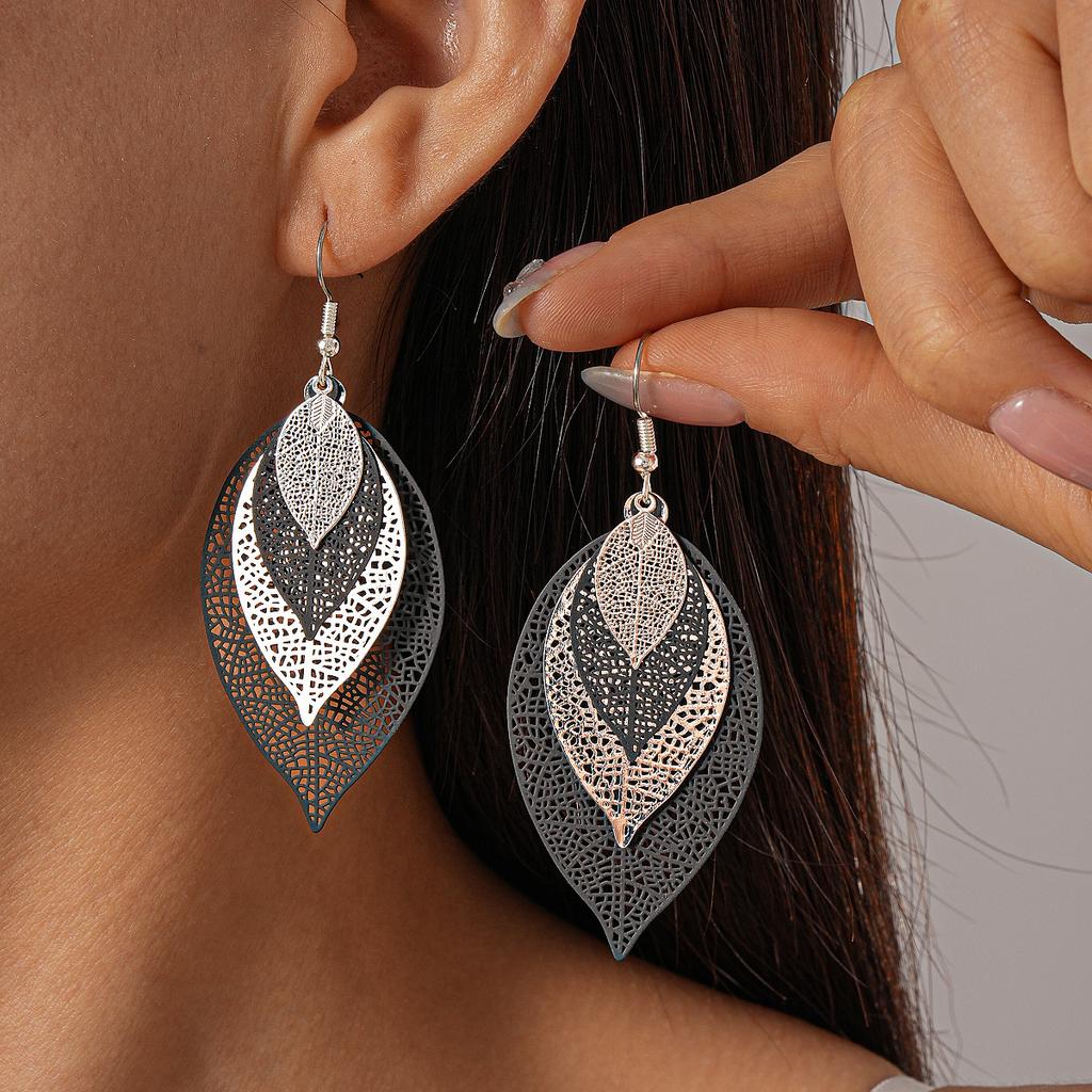 Multi-layered Hollow Leaf Ear Hooks, Dark Style Earrings, High-end Simple Earrings