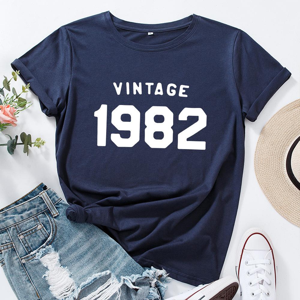 Retro1982 Printed Cotton Loose Round Neck Short Sleeved Women's  T-shirts