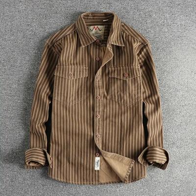 Men's Autumn and Winter Simple Retro Stripe Long-Sleeve Lapel Shirt Washed Multi-pocket Casual Blouses