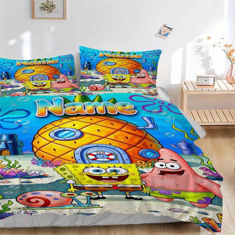 Custom Name Spongebob Patrick Ocean Fun Print 3Pcs Bedding Set Duvet Cover With 2 Bedro Pillowcase Home Birthday Gift