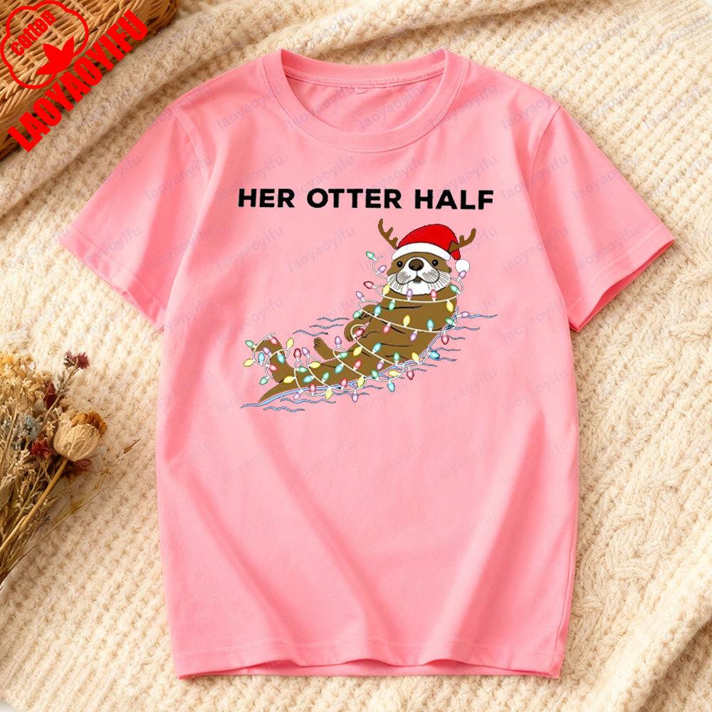 Funny Otter Half Christmas Couple Shirt Matching Pun Xmas Sweatshirt Unisex Women Casual Daily Life Festival Costumes Cotton Tshirt