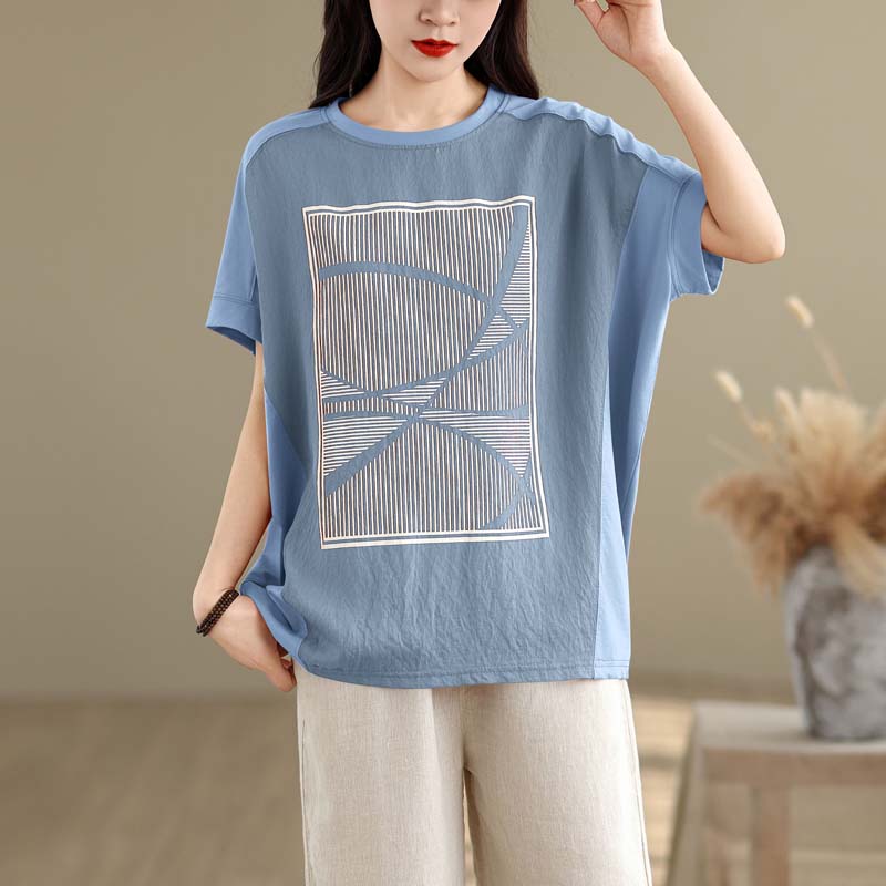 DIMANAF 2025 Summer Plus Size Tops Cotton O-Neck T-Shirt Women Stripe Printng Short Sleeve Loose Tees