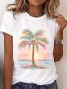 Wo Tropical Palm Tree Graphic T-Shirt Casual Short Sleeve Crew Neck, SpringS ummerFall, Spring Summer Top