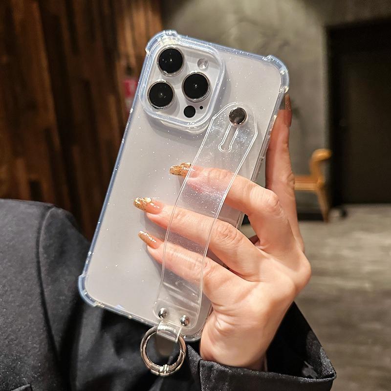 Luxury Transparent Glitter Wrist Strap Phone Case For iPhone 11 12 13 14 15 16 Pro Max X XR XS Plus Stand Clear Shockproof Cover