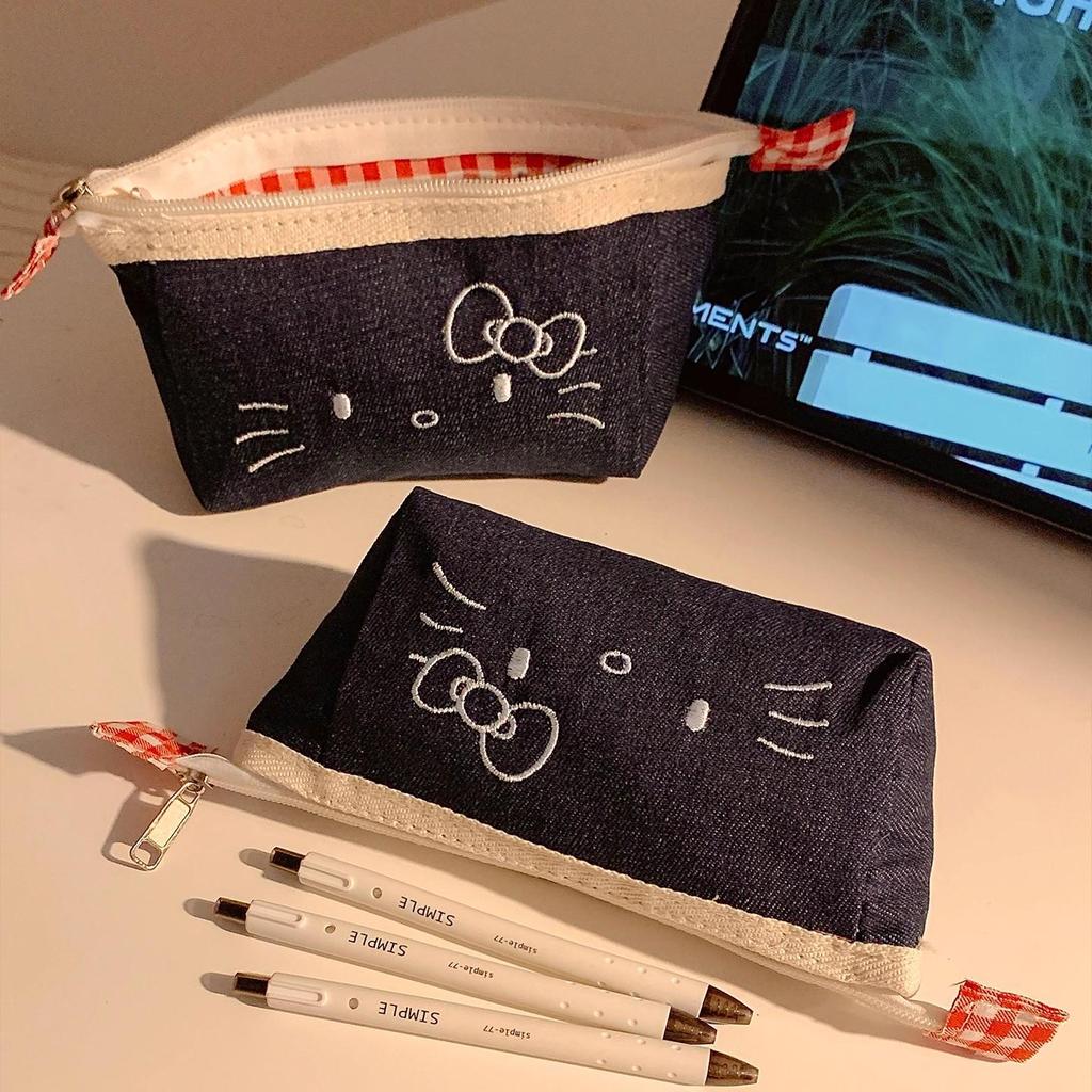 Cute Denim Kitty Pencil Case - Large Capacity for Middle School Girls