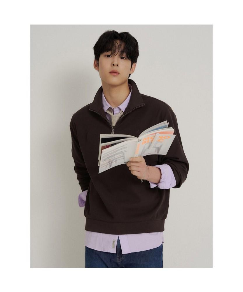 Binpolmen Textured Quarter-Zip Long-Sleeve T-Shirt Brown
