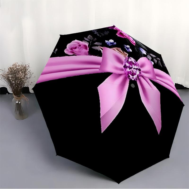 1pc Floral Ribbon Bow Automatic Open/Close Umbrella with Windproof, 8-Rib Sturdy Canopy, , Outdoor Accessory, Ideal for Gifts Yy251117118