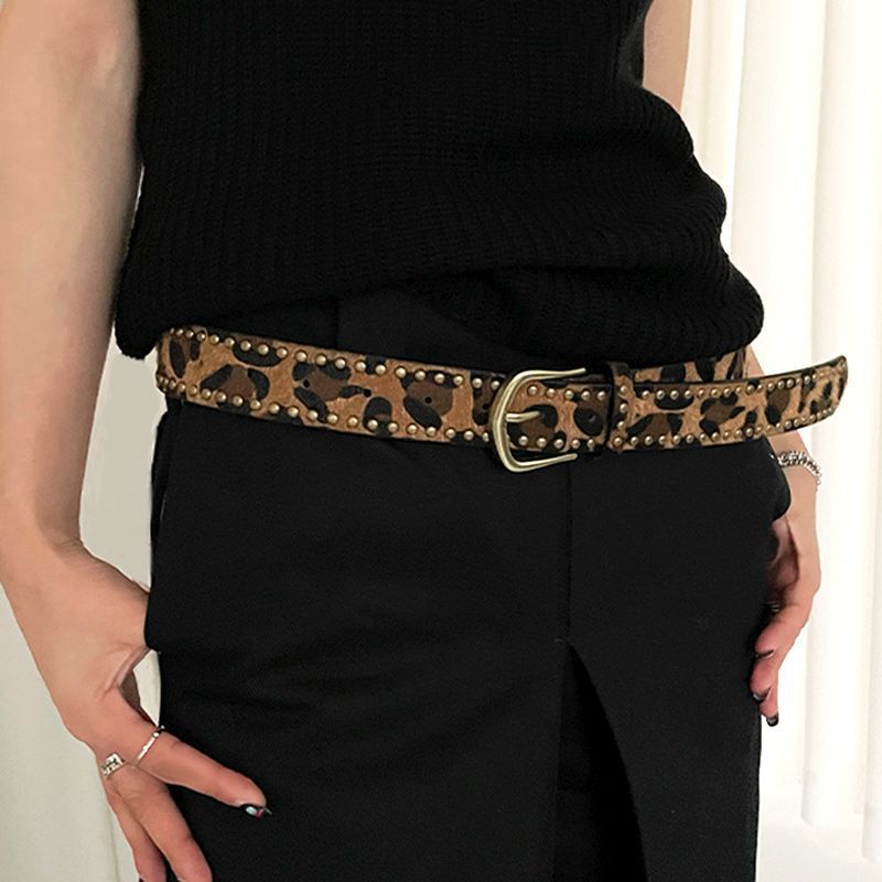 Retro Leopard Print Belt For Women With Alloy Buckle Leather Waistband For Dress And Jeans