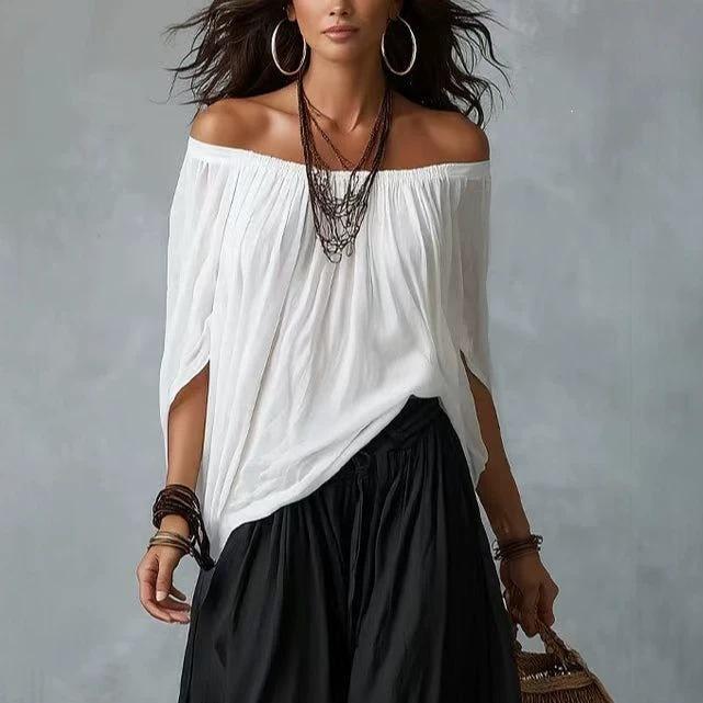 2026 new European and American style one-word shoulder T-shirt wide-leg pants set women's fashion elegant two-piece set long-sleeved casual pants