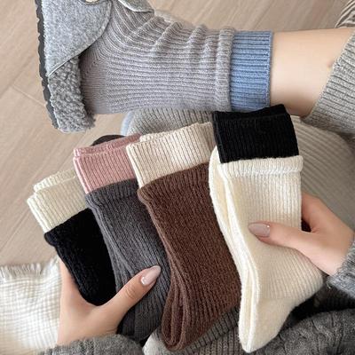 Calzini da donna spessi in cashmere a metà polpaccio - A doppio ago, caldi, a coste, colore a contrasto per autunno/inverno