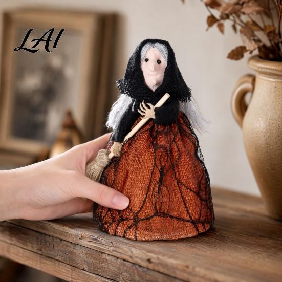 Dark Spooky Halloween Decor Kitchen Witch Doll Small Statue with Broom Multi-use Tabletop Party Decoration for Table Fireplace Holiday Home